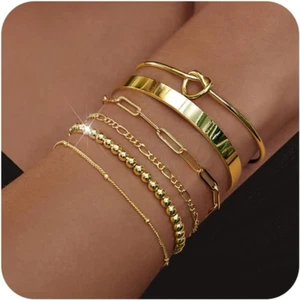 Gold Bracelets for Women 18K Gold Plated Bracelet Stack Bangle Cuff Bracelet Set - Picture 1 of 12