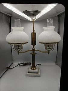 VINTAGE DOUBLE STUDENT LAMP MARBLE/BRASS WITH MILK GLASS SHADES - Picture 1 of 9