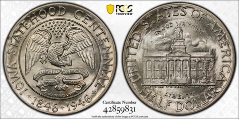 1946-P Silver Iowa Centennial Commemorative Half Dollar PCGS MS66 - Nice!!! Cover