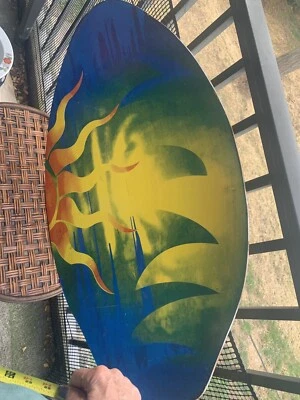 Vtg Wooden Boogie Board Skimboard Sunburst Cobalt Yellow Green 36x20”  Surfing - Image 1 of 4