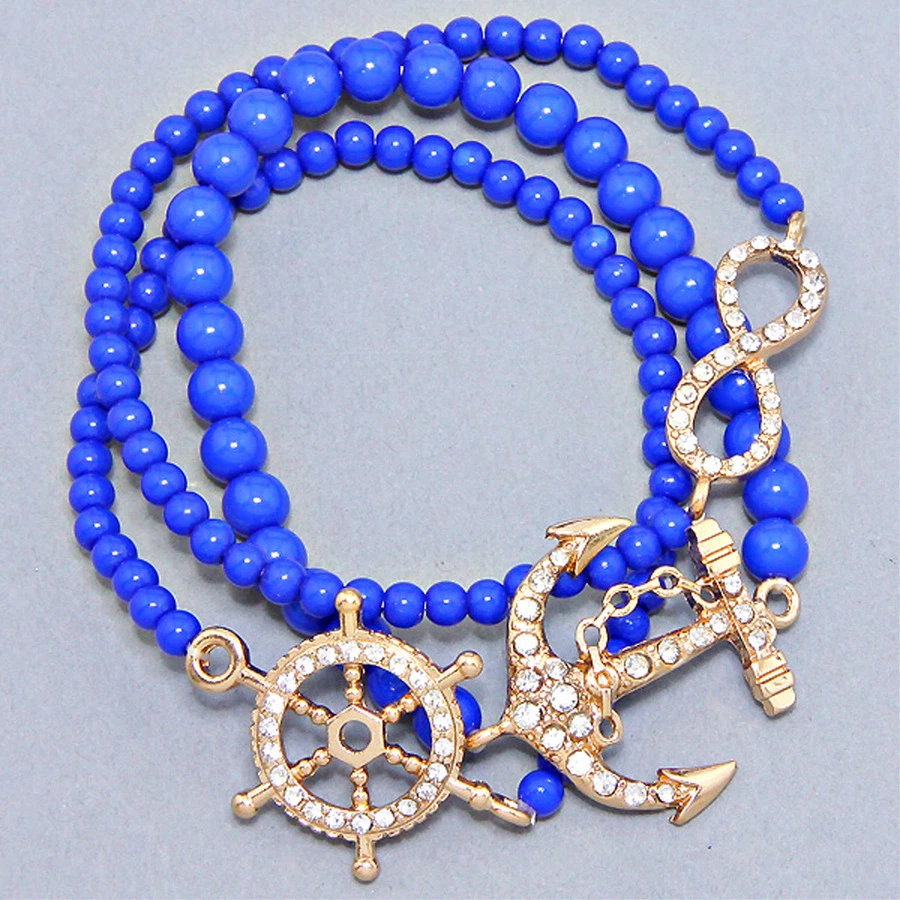 Juego de pulsera elástica de tres piezas con ancla de cristal, rueda de envío e infinito Foto 1 de 1