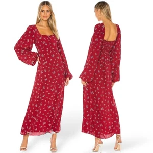 FREE PEOPLE Red Midi IRIS Dress Smocked Square Neck Puff Sleeve Cottagecore S - Picture 1 of 12