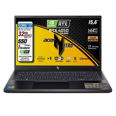 Notebook Gaming Acer Nitro V15 Intel i7 13620H SSD 1TB RAM 32GB DDR5 RTX 4050 - Immagine 1 di 4
