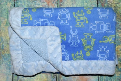 Just Born Blue & Green Robot Minky Dot Plush Sherpa Baby Blanket 29"x38" Robots - Image 1 of 4