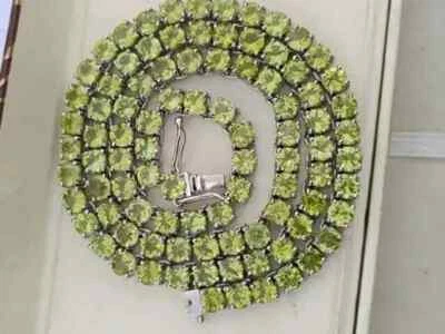 16Ct Round Cut Lab Created Peridot Women'sTennis Necklace 14K Wh Gold Plated 18" - Image 1 of 4