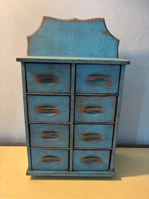 Armario/armario/cofre/boticario de especias con 8 cajones-pintura azul-caja de pared primitiva Foto 1 de 4