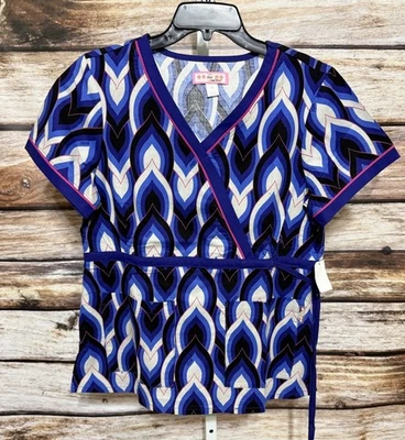 Koi by Kathy Peterson Women’s Size Medium Scrub Top Cotton Blue Black Pink New - Image 1 of 4