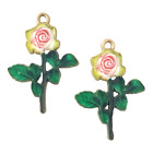 10 Gold Pink Green Enamel Flower Rose Leaves 29x20mm Bead Drop Charms Pendants