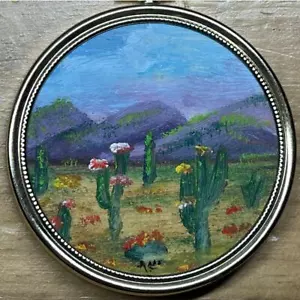 Schönes kleines rundes Vintage Gemälde.Öl?Berge Kaktus Floral.Gerahmt&signiert - Bild 1 von 5