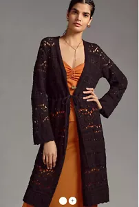 By Anthropologie Cotton Pointelle Cardigan Sweater in Black size S nwt - Picture 1 of 4