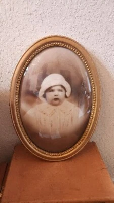 Antique Gesso Gold Frame with Convex Oval Glass Girl Ancestor Photograph  - Image 1 of 4