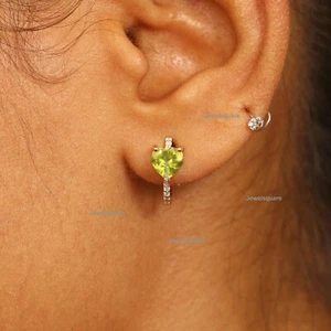 Heart Cut Natural Peridot with Studded Diamond Heart Hoops Earrings 14k Gold - Picture 1 of 10