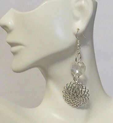 Pendientes redondos de filigrana cristal redondo acento 2 1/4" plata gancho colgante Foto 1 de 3