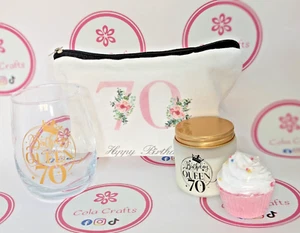 70th BIrthday Hamper Gift Set for her Glass Candle Bath Melt Make Up Bag - Picture 1 of 4