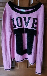 Girls Justice Love U Sweater Size 18 Pink Black Fuzzy Long Sleeve - Picture 1 of 2