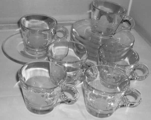 6 CLEAR GLASS ETCHED DISNEY BEAUTY AND THE BEAST ESPRESSO COFFEE CUP SAUCER SET - Picture 1 of 1