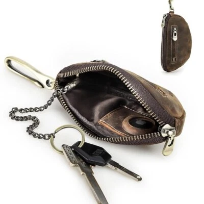 Genuine Leather Wallet Zipper Airtag Key Holder Unisex Key Chain Organizer Coin - Imagem 1 de 4