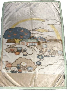 vintage Mink Plush Baby Crib Blanket Lovey Pastel Flowers Sun Japan Clouds 55x38 - Picture 1 of 14