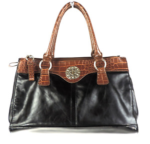 GIANI BERNINI Satchel Handbag Purse Black Brown Glazed Leather Multi Compartment