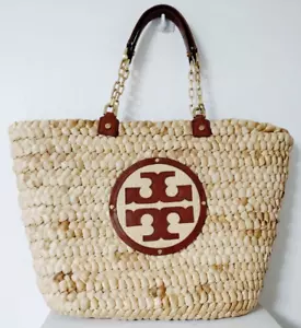 Borsa a tracolla Tory Burch Basket catena pelle paglia autentica beige/marrone - Foto 1 di 8