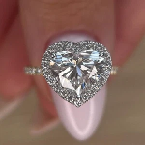 3.9CT Heart Moissanite Halo Engagement Ring Silver 14K Multi-Tone Gold Plated - Picture 1 of 7