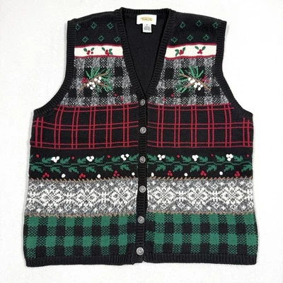 Vintage Christmas Sweater Vest Women Medium Holly Fair Isle Embroidered Knit 90s - Image 1 of 4