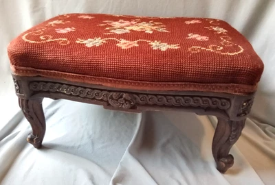 Antique Charming Small Ornate Footstool with Floral Needlepoint Top - Image 1 of 4