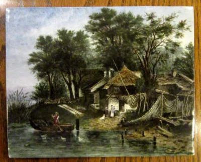 Azulejo de cerámica antiguo pintado Munich Alemania fecha 1879 paisaje 6 9/16" x 8 1/8" Foto 1 de 3