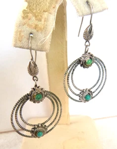 1960's Vintage Navajo 925 Sterling Silver Wire Loops Earrings Turquoise 1.75" - Picture 1 of 5