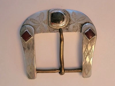 Beautiful Vintage Hand Engraved Silver Plate Belt Buckle ~ Green & Red Stones - Image 1 of 2