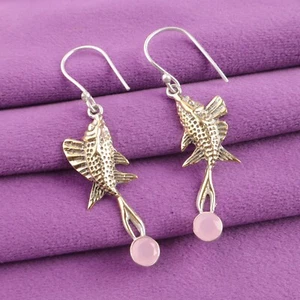 Pendientes colgantes de boda con bisel de plata de ley 925 con piedra de calcedonia rosa - Imagen 1 de 6