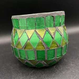 Mosaic Stained Green Glass Candle Holder with used candle - geometric diamond - Picture 1 of 11