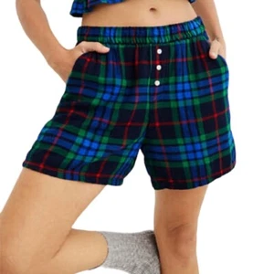 New Aerie Plaid Flannel Elastic Waist Pajama Boxer Shorts Navy Blue Size XL - Picture 1 of 14