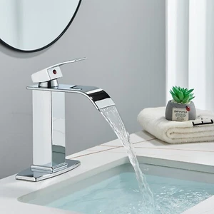 Single Hand Bathroom Sink Faucet Chrome Waterfall Vanity Basin Mixer Tap w/Cover - Picture 1 of 9