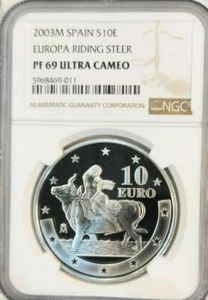 2003 SPAIN SILVER 10 EURO EUROPA RIDING STEER NGC PF 69 ULTRA CAMEO RARE TOP POP - Picture 1 of 4