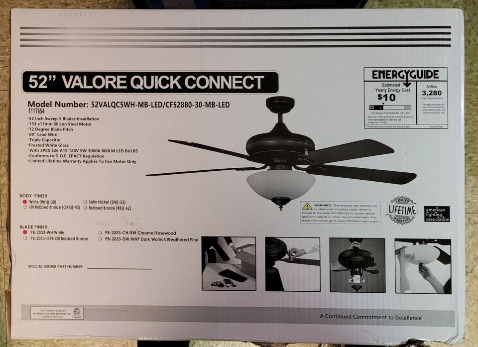 52" Valore Quick Connect Ceiling Fan 52VALQC5WH-30-MB-LED - Image 1 of 2