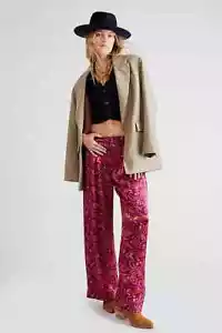 FREE PEOPLE Good Days Printed Wide Leg Satin Trousers Purple/Red Size L RRP £128 - Picture 1 of 2