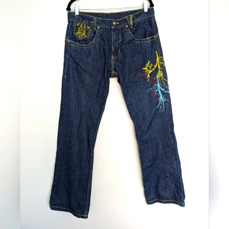 Jeans bordados con parche Y2K Miskeen 6 bolsillos puntada en contraste talla 34 Foto 1 de 4