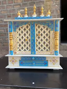 Templo Puja Mandir Hecho a Mano de Madera Tradicional India Decoración del Hogar Pintado Azul - Imagen 1 de 8
