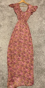 Womens Maxi Dress Small Pink Paisley Silk Blend Satin Open Back Ruffle FairyBoho - Picture 1 of 7