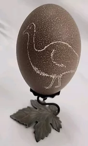 EMU Egg Shell With Emu Painted On, Blown Out With FALL LEAF STAND Brown Speckled - Picture 1 of 9