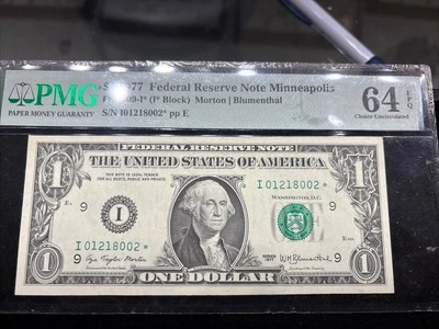 1977 $1 FRN Minneapolis STAR Fr. 1909-I* PMG 64EPQ Serial I01218002* - Image 1 of 4