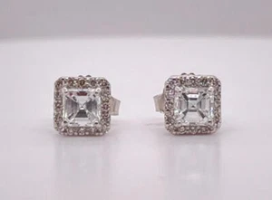 1.04ctw Natural Asscher Cut Diamond Halo Stud 18K White Gold Earrings - Picture 1 of 8