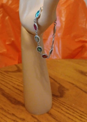 Pulseira de elos de corrente vintage folheada a prata S-80 multicolorida 7" concha Abalone - Imagem 1 de 3