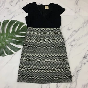 Modcloth Striped Sheath Dress Size L Black Gray Cap Sleeve Pockets Knee Length - Picture 1 of 11