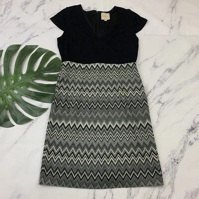 Modcloth Striped Sheath Dress Size L Black Gray Cap Sleeve Pockets Knee Length - Image 1 of 4