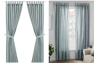 IKEA LENDA Tab Top Grey Turquoise Curtains with Tiebacks 140x250cm - Picture 1 of 7