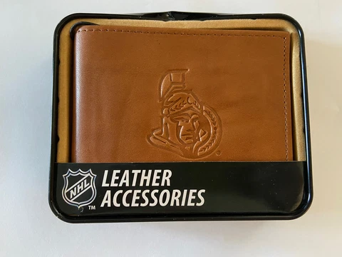 Ottawa Senators NHL Embossed Brown Leather Bifold Wallet NEW in Gift Tin Cover