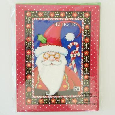 Mary Engelbreit 8 tarjetas de notas en blanco y sobres Santa Claus Ho Ho Ho brillo Foto 1 de 4