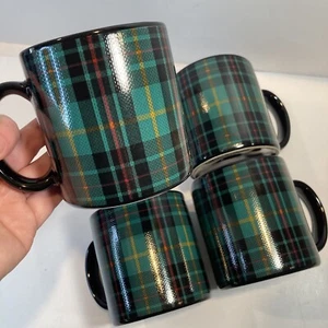 4 Pier 1 Mugs Tartan Plaid Green Black EUC Coffee Tea Mug Stoneware Japan 12oz - Picture 1 of 10